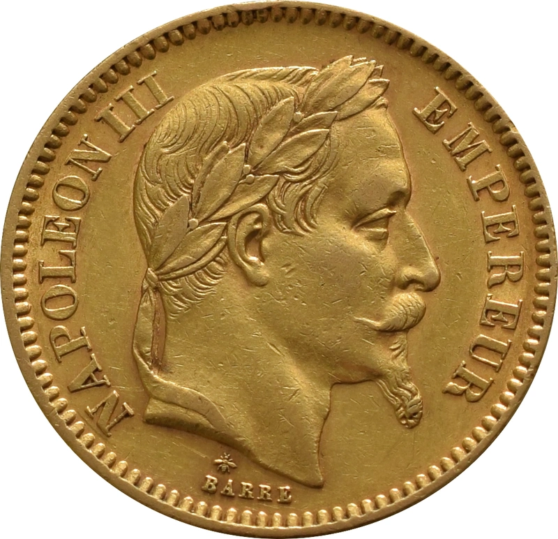 French 20 Francs Gold Coin Napoleon III Laureate Head