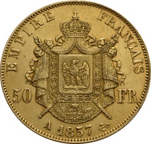 50 Francos Franceses - Napoleão III, cabeça nua