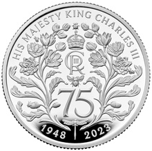 Moeda Proof de meia onça de Prata de 2023 do 75.º aniversário do Rei Carlos III
