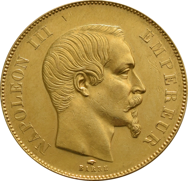 French 50 Francs Gold Coin Napoleon III Bare Head