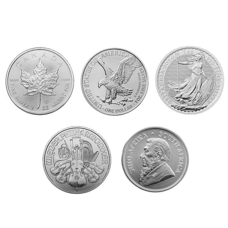 2024 1oz Silver Coin Set; Britannia, Krugerrand, Philharmonic, Eagle, Maple