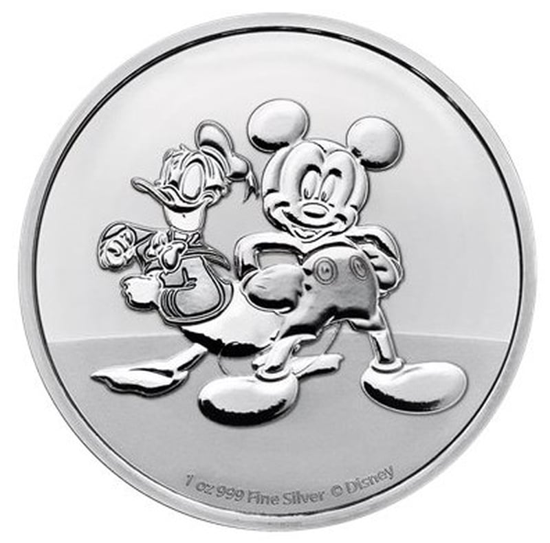 Moeda de Prata de 1 onça do Mickey e do Pato Donald de 2023