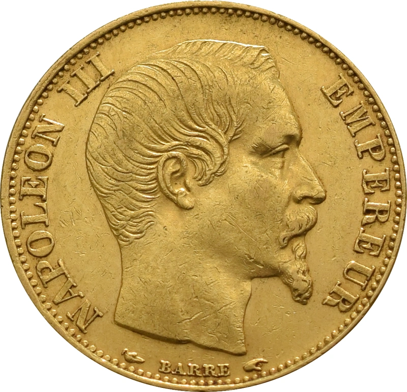 French 20 Francs Gold Coin Napoleon III Bare Head