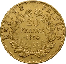 20 francos franceses - Napoleão III de cabeça descoberta